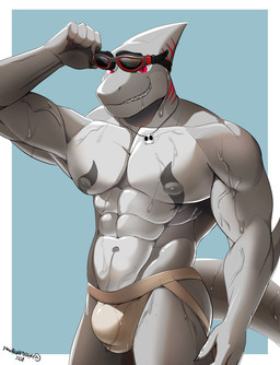 abs anthro areola barazoku biped blue_background bone bulge clenched_teeth clothed clothing eyewear fingers front_view goggles grey_body humanoid_hands jewelry jockstrap jockstrap_only looking_at_viewer male muscular muscular_anthro muscular_male naughty_face necklace nipples non-mammal_nipples pecs pose red_eyes simple_background skull smile smirk solo teeth text topless topless_anthro topless_male underwear underwear_only vein veiny_muscles wet wet_body naughtyxerigart markshark aquatic fish shark 2021 absurd_res artist_name dated hi_res pinup