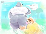 anthro big_butt bodily_fluids butt butt_lick dialogue duo frown licking looking_back male male/male outside overweight overweight_anthro overweight_male saliva saliva_on_tongue saliva_string sweat sweaty_butt text tongue tongue_out debudraws animal_crossing nintendo curt_(animal_crossing) teddy_(animal_crossing) bear mammal digital_media_(artwork) english_text