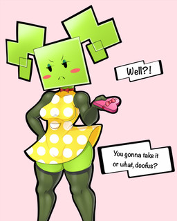 armwear black_eyes black_text blush blush_stickers bow_tie breasts clothed clothed_female clothed_humanoid clothing dress female female_humanoid fishnet_armwear fishnet_clothing fishnet_legwear fishnet_thigh_highs frown gift green_body green_hair green_skin hair half-closed_eyes hand_on_hip hand_on_own_hip holding_gift holding_object holidays legwear looking_away medium_breasts narrowed_eyes not_furry pattern_clothing pattern_dress pigtails pink_background pink_blush question_mark rectangular_speech_bubble red_bow_tie simple_background solo spots spotted_clothing spotted_dress standing talking_to_viewer text thigh_highs white_speech_bubble yellow_clothing yellow_dress sleepiitreat mario_bros nintendo paper_mario valentine's_day mimi_(paper_mario) humanoid 2021 4:5 digital_media_(artwork) english_text hi_res shaded
