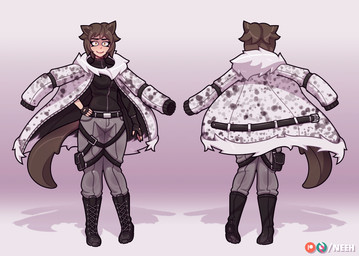 boots brown_body brown_fur brown_hair camo clothed clothing coat coat_cape female footwear fully_clothed fur hair light_body light_skin military military_clothing pose shoes solo tail topwear white_body white_fur neeh rooster_teeth rwby fan_character canid canine human mammal absurd_res hi_res model_sheet