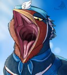 absurd_res avian barbed_tongue beak blue_body bodily_fluids clothing drooling feathered_crest feathers female gaping_mouth generation_3_pokemon hat head_crest headgear headwear hi_res kerchief magpie_magnetism markings mistral_(gyro) mouth_shot neckerchief nintendo open_mouth pokemon pokemon_(species) red_markings saliva solo swellow tongue tongue_line white_body white_markings yellow_eyes