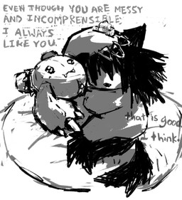 alternative_fashion anthro black_hair black_tail bracelet claws cotton dialogue duo emo fangs female female/female genitals grey_text hair hair_over_eyes hand_on_another's_head hand_on_head humanoid_genitalia humanoid_vulva jewelry kemono open_mouth plushie plushophilia spiked_bracelet spikes tail teeth text vulva petday animate_inanimate domestic_cat felid feline felis living_plushie mammal 2026 english_text greyscale hi_res monochrome shaded
