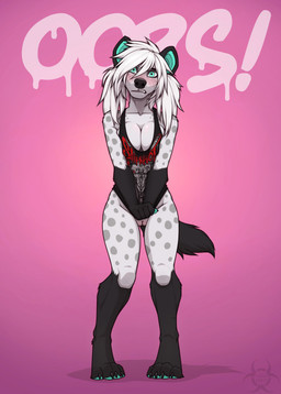 4_toes 5_fingers anthro biped black_body black_fur black_tail bottomless bottomless_anthro bottomless_female clothed clothing feet female female_anthro fingers front_view fur genitals gradient_background hair humanoid_genitalia humanoid_vulva shirt shirt_only shocked shy simple_background solo standing tail tank_top tank_top_only text toes topwear topwear_only vulva white_body white_fur white_hair tashalisets slipknot tasha_lisets canid canine hyena mammal spotted_hyena english_text hi_res