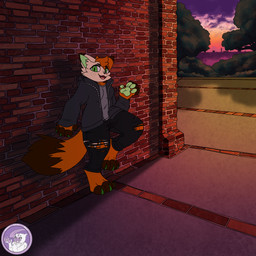 bottomwear brick brickwall clothed clothing dusk gesture jacket leaning open_clothing open_jacket open_topwear pants pawpads paws skater sunset topwear torn_bottomwear torn_clothing torn_pants wall_(structure) waving zipper hyperchibiabsol calico_cat domestic_cat felid feline felis mammal 1:1 absurd_res hi_res