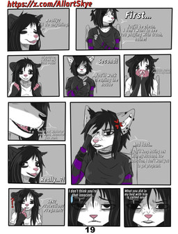 anthro black_body black_fur dialogue female fur grey_body grey_fur group hair male pink_body text white_body white_fur allartskye evelyne_(allartskye) kia_(allartskye) skye_(allartskye) american_opossum domestic_cat felid feline felis mammal marsupial comic english_text hi_res url