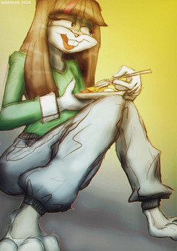 alternative_fashion anthro black_hair buckteeth clothing crossgender eating eating_food female fur goth green_clothing grey_body grey_clothing grey_fur hair looking_at_another simple_background sitting solo talking_to_another teeth yellow_background arbtttrn6 looney_tunes warner_brothers lagomorph leporid mammal rabbit 2026 hi_res sketch