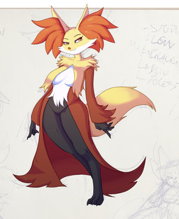 anthro biped black_body black_fur breasts convenient_censorship featureless_crotch female fingers fur humanoid_hands looking_aside medium_breasts orange_body orange_eyes orange_fur pokemorph pose smile smirk solo white_body white_fur wide_hips yellow_body yellow_fur vinael nintendo pokemon delphox generation_6_pokemon pokemon_(species) colored shaded