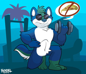 4_fingers anthro dumbbell eyewear featureless_chest featureless_crotch fingers food fur holidays kneeling male multicolored_body multicolored_fur muscular navel nude pizza pizza_slice prohibition_sign simple_background solo speech_bubble sunglasses weights koidelcoyote april_fools'_day kazan_(kazan.k) canid canine canis mammal wolf signature