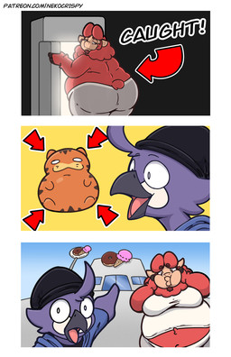 5_fingers anthro appliance beak beanie belly big_belly big_butt black_beak black_beanie black_clothing black_hat black_headwear black_shirt black_topwear blue_clothing blue_hoodie blue_topwear border brown_eyes building butt clothed clothing day dessert directional_arrow door doughnut duo eyebrow_through_hair eyebrows facial_hair feathers fingers food fridge fur gesture goatee hair hand_gesture happy hat headgear headwear hoodie ice_cream inside kitchen_appliance looking_at_viewer looking_back looking_back_at_viewer male moobs morbidly_obese morbidly_obese_anthro morbidly_obese_male mouth_closed multicolored_body multicolored_feathers multicolored_fur navel obese obese_anthro obese_male outside overweight overweight_anthro overweight_male pastry pink_tongue pointing pupils purple_body purple_feathers red_body red_fur red_hair scut_tail shirt short_tail sign slim_anthro slim_male snout standing tail tan_body tan_fur tank_top text thick_thighs tongue topless topwear translucent translucent_hair two_tone_body two_tone_feathers two_tone_fur unimpressed white_body white_border white_clothing white_feathers white_shirt white_tank_top white_topwear wide_hips window nekocrispy garfield_(series) garfield_the_cat josh_(nekocrispy) roy_(nekocrispy) avian bird bovid caprine mammal sheep 2021 back_cover cel_shading cover digital_media_(artwork) english_text hi_res multiple_images shaded url