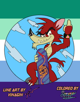 alternative_fashion anthro butt claws convenient_censorship facial_piercing gesture hand_gesture hidden_genitals male middle_finger nose_piercing nose_ring nude piercing pink_triangle punk red_rocket_roller_board ring_piercing skateboard solo vehicle sharako go!_go!_hypergrind decker canid canine mammal absurd_res hi_res