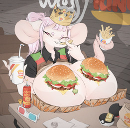 big_breasts breasts burger clothed clothing clothing_lift container cup eating female food fries fur hair huge_breasts hyper hyper_breasts paper_crown pink_hair shirt shirt_lift solo topwear unprofessional_behavior white_body white_fur dullvivid burger_king kimberly_(dullvivid) mammal mouse mousemallow murid murine rodent hi_res
