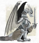 ambiguous_gender armor belt border breastplate chainmail claws dragon elden_ring european_mythology feral feral_armor finger_claws fromsoftware full_armor furgonomic_armor furgonomics grey_body grey_scales hacony headgear helmet hi_res holding_melee_weapon holding_object holding_sword holding_weapon horn long_neck melee_weapon membrane_(anatomy) membranous_wings mythological_creature mythological_scalie mythology pauldron quadruped scales scalie shaded shin_guards signature simple_background sitting snout solo sword tail tan_background toe_claws weapon western_dragon white_border wing_armor wing_claws wings