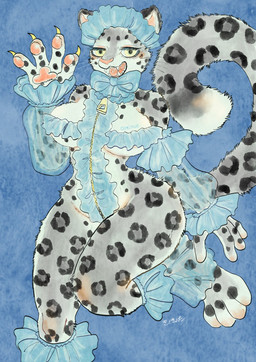 3_toes 4_fingers alternative_fashion anthro armwear big_breasts biped black_spots blue_background blue_clothing bow_(feature) bow_tie breasts claws clothed clothing countershading fangs feet female female_anthro fingers frilly fur grey_body grey_fur grey_tail headgear headwear j-fashion leopard_spots lingerie looking_at_viewer maid_headdress markings multicolored_body multicolored_tail open_mouth pawpads paws pink_nose pink_pawpads simple_background smile solo spots spotted_body spotted_fur spotted_markings spotted_tail tail tail_markings teeth thick_thighs toes tongue translucent translucent_clothing under_boob whiskers white_body white_fur wide_hips yellow_claws yellow_eyes zipper kyokyota felid mammal pantherine snow_leopard 2026 hi_res signature