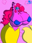 anthro big_breasts blue_eyes bra breasts clothing curly_hair curvy_figure eyeshadow female fur hair hot_pink_hair huge_breasts hyper hyper_breasts long_hair makeup mermaid_tail pink_body pink_fur purple_stripes scales seashell_bra solo split_form stripes underwear wide_hips yellow_body yellow_scales thomasbluewolf abby_newell_(thomasbluwolf) domestic_cat felid feline felis mammal marine merfolk hi_res