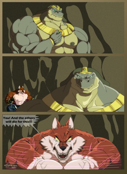 abs anthro armor big_muscles bodily_fluids bottomwear bound bracers cave clothed clothing crying dialogue duo fur green_body green_scales hair_strands headdress huge_muscles male multicolored_body multicolored_fur multicolored_scales muscular muscular_anthro open_mouth pecs red_body red_fur scales speech_bubble tears teeth text two_tone_body two_tone_fur two_tone_scales vein veiny_muscles white_body white_fur xxsparcoxx egyptian_mythology middle_eastern_mythology mythology sobek sobek_(xxsparcoxx) teofacio_larna canid canine crocodile crocodilian deity fox mammal red_fox reptile scalie true_fox 2021 comic digital_media_(artwork) english_text hi_res