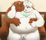 anthro belly big_belly blush brown_body brown_fur censored_by_face duo emoji_censorship eyes_closed fur heart_symbol hug hugging_another hugging_from_behind kemono male male/male moobs navel nipples overweight overweight_male sitting white_body white_fur 96panda bear mammal polar_bear ursine 2020 absurd_res censored hi_res