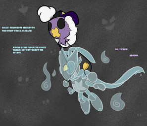 4_arms ambiguous_gender antennae_(anatomy) balloon balloon_with_face baseball_cap being_watched clothing compound_eyes duo ellipsis fluffy fluffy_hair flying footwear grey_background hair hat headgear headwear inflatable long_hair looking_at_another mask multi_arm multi_limb naive open_mouth open_smile purple_body scarf shoes sideways_baseball_cap simple_background simple_face smile soul_stealing superhero_costume text white_hair anoelotl nintendo pokemon five_star_(anoel) florace_(anoelotl) animate_inanimate arthropod beetle cucujoid drifloon generation_2_pokemon generation_4_pokemon ghost insect ladybug ledian pokemon_(species) spirit hi_res