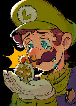 2_horns 4_fingers 5_fingers anthro armband biped black_armband black_background black_bracelet blue_clothing blue_eyes blue_overalls blush blush_lines bodily_fluids bracelet brown_facial_hair brown_hair brown_mustache claws clothed clothed_human clothed_male clothing comforting crying curved_horn duo extreme_size_difference facial_hair finger_claws fingers fully_clothed fully_clothed_human fully_clothed_male gloves green_clothing green_hat green_head green_headwear green_shell green_shirt green_topwear grey_claws grey_clothing grey_gloves grey_handwear grey_horn grey_sclera grey_spikes hair hand_on_nose handwear hat headgear headwear holding_another horn jewelry king larger_human larger_male lidded_eyes light looking_down looking_down_at_another male male_anthro male_human mustache nose_blush orange_hair overalls pupils royalty sad scales seam_(sewing) shell shirt short_hair simple_background size_difference smaller_anthro smaller_male sparkles spiked_armband spiked_bracelet spiked_shell spikes spikes_(anatomy) star_pupils tan_body tan_skin tears tears_of_sadness text topwear yellow_body yellow_pupils yellow_scales didy414 mario_bros nintendo bowser luigi human koopa mammal scalie 2025 absurd_res artist_name colored digital_drawing_(artwork) digital_media_(artwork) english_description hi_res lighting shaded