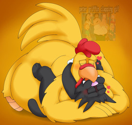 anthro black_body black_fur blush clapping clothing duo fangs feathers fur gloves handwear heart_symbol hug kissing lying_on_another male male/male orange_background pink_nose simple_background teeth white_clothing white_gloves white_handwear yellow_body yellow_feathers pt80s0up family_guy the_simpsons ernie_the_giant_chicken lois_griffin peter_griffin scratchy_(the_simpsons) avian bird chicken domestic_cat felid feline felis galliform mammal phasianid