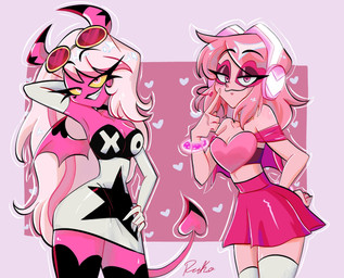 breasts clothed clothing duo eyewear eyewear_on_head female hair horn membrane_(anatomy) membranous_wings pink_hair smile spade_tail sunglasses sunglasses_on_head tail wearing_sunglasses wings blitzo_kinnie0 hellaverse helluva_boss villainous_(series) miss_heed verosika_mayday demon demon_humanoid human humanoid imp mammal succubus crossover hi_res