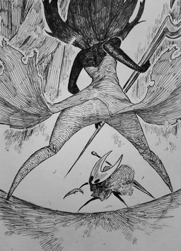 2_horns ambiguous_gender battle biped black_arms black_eyes black_legs cloak clothed clothing duo fight fingers holding_melee_weapon holding_object holding_weapon horn melee_weapon pose weapon starbind_s hollow_knight:_silksong hollow_knight_(franchise) team_cherry hornet_(hollow_knight) phantom_(hollow_knight:_silksong) arthropod 2025 absurd_res hi_res monochrome
