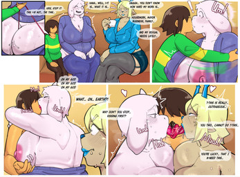5_fingers annoyed anthro anthro_on_anthro antlers areola beckoning beverage big_areola big_breasts big_butt big_horn black_eyes blockage_(layout) blonde_hair blue_bottomwear blue_clothing blue_eyes blue_horn blue_jacket blue_lips blue_lipstick blue_nose blue_skirt blue_topwear blush blush_lines bodily_fluids border bottomwear breasts brown_hair butt clothed clothing clothing_pull container cup curvy_figure cutaway dialogue duo eyelashes eyes_closed female female/female fingers five_frame_image freckled_breasts freckled_chest freckles french_kissing fur furniture gesture glistening glistening_body glistening_breasts glistening_butt glistening_clothing glistening_legs glistening_nipples glistening_skin glistening_thighs green_clothing green_shirt green_topwear grey_clothing grey_legwear grey_stockings group group_sex hair hair_over_eyes half-closed_eyes heart_symbol horn huge_breasts huge_butt human_on_anthro interspecies inviting jacket kissing larger_anthro larger_female legwear lips lipstick long_ears long_eyelashes looking_pleasured makeup male male/female mature_anthro mature_female monotone_body monotone_fur monotone_skin motion_lines multicolored_clothing multicolored_shirt multicolored_topwear narrowed_eyes nervous nervous_smile nipple_dip nipple_outline nipples on_sofa open_mouth oral panties panty_pull pink_areola pink_clothing pink_nipples pink_thong pink_underwear purple_bottomwear purple_clothing purple_topwear sex shirt short_horn simple_background size_difference skirt slim_human small_horn smaller_human smaller_male smile sofa speech_bubble stockings surprise_kiss sweat sweaty_breasts sweaty_face talking_to_another tan_body tan_fur tan_skin tea tea_cup tear_trough text thick_thighs thong thong_pull thought_bubble threesome threeway_kiss tongue tongue_out topless topless_anthro topless_female topwear trio triple_kiss two_tone_clothing two_tone_shirt two_tone_topwear underwear underwear_pull voluptuous voluptuous_anthro voluptuous_female white_body white_border white_ears white_fur white_horn white_sclera white_skin wide_eyed yellow_body yellow_skin thenewpassion deltarune undertale undertale_(series) carol_holiday kris_dreemurr toriel boss_monster_(undertale) bovid caprine deer goat human mammal new_world_deer reindeer 2026 absurd_res colored comic digital_drawing_(artwork) digital_media_(artwork) english_text hi_res shaded