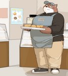 anthro apron bakery blush bottomwear bread clothing eyes_closed food hat headgear headwear kemono male overweight overweight_male pants shirt solo topwear bonedra canid canine canis domestic_dog mammal 2023 absurd_res hi_res