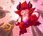 2_toes 4_fingers anthro bulge clothing demon devil_teemo_(lol) eyes_closed feet fennephilim_fox fingers fur hair hell hi_res horn league_of_legends male melee_weapon nipples pink_clothing pink_underwear polearm red_body red_fur red_hair riot_games solo teemo_(lol) toes trident underwear weapon yordle