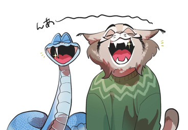 anthro blue_body blue_scales clothing duo feral fur grey_body grey_fur happy male scales smile sweater text topwear yellow_eyes zatta_titanium disney zootopia gary_de'snake pawbert_lynxley felid feline lynx mammal reptile scalie snake japanese_text