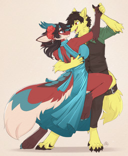 5_fingers accessory anthro belt clothing coat couples dancing dress duo ear_piercing eyewear female fingers flower fluffy fluffy_tail furgonomics glasses horn looking_at_another male piercing plant romantic romantic_couple rose_(flower) simple_background suit tail tail_accessory tail_belt tango_(dance) topwear auveiss mythology pawwy_zephuros_(dreanzwolf) vyse_renata canid canine canis dragon fox hybrid mammal mythological_creature mythological_scalie scalie wolf 2025 digital_drawing_(artwork) digital_media_(artwork) hi_res signature