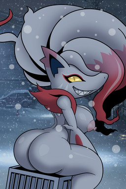 anthro anthrofied arched_back areola big_breasts big_butt big_hair black_eyes box breasts bubble_butt butt container crate dipstick_ears ear_markings evil_grin eyelashes female fur hair huge_butt huge_hips looking_at_viewer markings multicolored_ears nipples pink_areola pink_nipples pokemorph pupils red_body red_fur sharp_teeth sitting slit_pupils small_waist smile snout snowstorm solo teeth thick_thighs white_body white_fur wide_hips yellow_eyes yellow_sclera mobian_monster nintendo pokemon canid canine generation_8_pokemon hisuian_form hisuian_zoroark mammal pokemon_(species) regional_form_(pokemon) 2:3 absurd_res hi_res