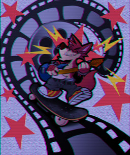 4_fingers anthro biped bottomwear clothed clothing electric_guitar eyes_closed facial_piercing fingers footwear fur guitar male musical_instrument nose_piercing pants piercing playing_music plucked_string_instrument red_body red_fur red_tail shoes skateboard skateboarding smile solo star string_instrument tail topless vehicle tyler-fox atlus go!_go!_hypergrind sega decker canid canine canis mammal wolf 2021 full-length_portrait hi_res portrait