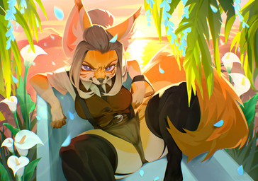 anthro bathtub breasts camel_toe female flower fox_ears medium_breasts multicolored_body palm_tree petals plant pose sea seaside solo spread_legs spreading summer sunset suspenders text tree tropical tropical_forest tropical_plants warm warm_lighting water kalamurza patreon canid canine fox mammal hi_res pinup url warm_colors
