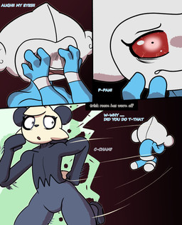 anthro bloodshot_eyes dialogue duo forest fur gameplay_mechanics kneeling looking_back male multicolored_body multicolored_fur pain plant red_eyes running tail tree trick token_taker nintendo pokemon cham_(token_taker) pan_(token_taker) generation_3_pokemon generation_6_pokemon meditite pancham pokemon_(species) absurd_res comic digital_media_(artwork) hi_res