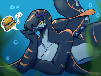 anthro anthrofied bedroom_eyes big_breasts breasts burger female food narrowed_eyes navel non-mammal_breasts non-mammal_navel seductive solo thought_bubble underwater water taffiocha subnautica subnautica_2 unknown_worlds_entertainment aquatic fish marrowbreach_(subnautica) shark