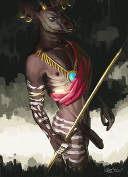 anthro ear_piercing erection genitals humanoid_genitalia humanoid_penis jewelry male nude penis piercing pose simple_background solo arvo92 giraffid mammal okapi 2020 digital_media_(artwork) hi_res pinup