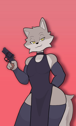 anthro arm_warmers armwear choker clothed clothing collar crossdressing crossdressing_male femboy gun handgun jewelry legwear male necklace pelvic_curtain ranged_weapon revolver sideless_dress simple_background solo thigh_highs weapon yellow_eyes tochisawaki canid canine canis mammal wolf absurd_res hi_res