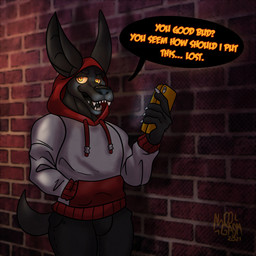 alley anthro bottomwear brick brick_wall cellphone claws clothed clothing dialogue electronics fangs fur half-closed_eyes holding_cellphone holding_object holding_phone hoodie looking_at_viewer male narrowed_eyes open_mouth pants phone solo speech_bubble standing tail talking_to_viewer teeth text topwear wall_(structure) awoogasm ebony_(awoogasm) anubian_jackal canid canine canis jackal mammal 1:1 2021 hi_res signature
