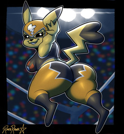 anthro breasts butt clothing cosplay_pikachu_(costume) crowd female fighting_ring grin group jumping jumpsuit looking_at_viewer looking_back rear_view rim_light smile solo rakurawr nintendo pokemon pikachu_libre generation_1_pokemon mammal murid murine pikachu pokemon_(species) rat rodent hi_res
