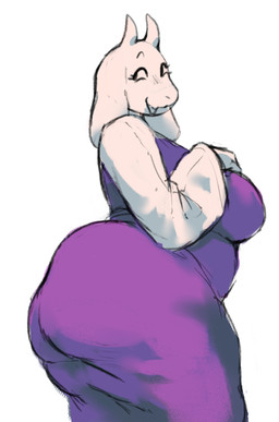 anthro big_breasts big_butt breasts butt clothed clothing female floppy_ears fur horn long_sleeves looking_aside mature_female side_view simple_background smile solo standing thick_thighs tight_clothing white_body white_fur lime_(artist) undertale undertale_(series) toriel boss_monster_(undertale) bovid caprine goat mammal