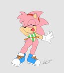 accessory anthro bottomwear clothing eyes_closed female footwear gloves hair_accessory hairband hand_behind_head handwear leotard pink_body shoes skirt smile solo tail havoczo classic_sonic_(universe) sega sonic_the_hedgehog_(series) classic_amy_rose eulipotyphlan hedgehog mammal hi_res