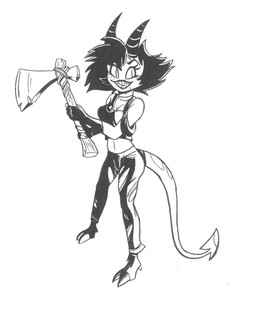 armwear axe black_hair clothing elbow_gloves female gloves hair handwear hooves horn ink smile solo spots tail teeth topwear torn_clothing weapon autenticovadito hellaverse helluva_boss millie_(helluva_boss) humanoid imp black_and_white hi_res marker_(artwork) monochrome traditional_media_(artwork)