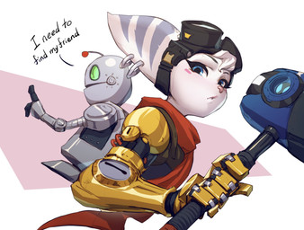 ambiguous_gender antenna_wire antennae_(anatomy) anthro blue_eyes blush carrying_another clothing cybernetic_arm cybernetic_limb duo ear_piercing ear_ring eyelashes eyewear eyewear_on_head female fur fur_hair goggles goggles_on_head green_eyes hair hammer holding_object looking_at_viewer machine piercing pink_nose prosthetic prosthetic_arm prosthetic_limb ring_piercing scarf short_hair side_view striped_ears text tools topwear vest white_body white_fur white_hair reagan_long ratchet_and_clank sony_corporation sony_interactive_entertainment clank_(ratchet_and_clank) rivet_(ratchet_and_clank) lombax mammal robot 2021 half-length_portrait hi_res portrait