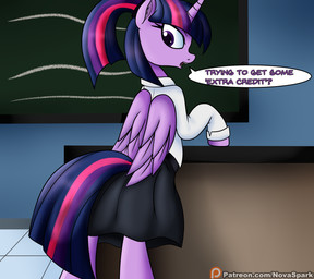 anthro black_bottomwear black_clothing black_skirt blue_body bottomwear classroom clothed clothing detailed_background dialogue female fully_clothed furgonomics hair horn inner_ear_fluff inside looking_at_viewer looking_back multicolored_hair open_mouth purple_hair school school_uniform shirt skirt solo speech_bubble tail tail_through_skirt talking_to_viewer text topwear tuft uniform white_clothing white_shirt white_topwear wings novaspark friendship_is_magic hasbro my_little_pony mythology twilight_sparkle_(mlp) equid equine mammal mythological_creature mythological_equine winged_unicorn 2019 english_text hi_res