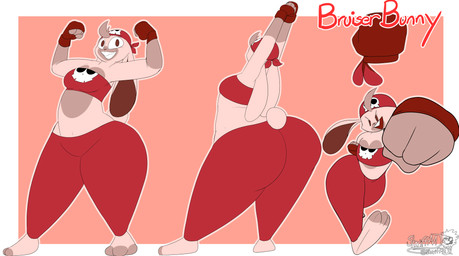 anthro big_butt boxing_gloves breasts buckteeth butt clothing crop_top female handwear huge_butt huge_hips huge_thighs kerchief looking_at_viewer medium_breasts red_body red_eyes shirt simple_background smile smiling_at_viewer solo stretching superhero teeth thick_thighs topwear wide_hips masterj291 bruiser_bunny lagomorph leporid mammal rabbit 2025 digital_media_(artwork) hi_res model_sheet