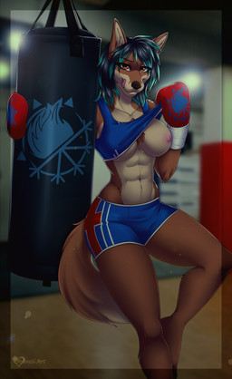 abs anthro areola arm_tuft athletic athletic_anthro athletic_female barefoot bedroom_eyes big_breasts black_hair bottomwear boxing boxing_gloves bra bra_lift breasts brown_body brown_eyes brown_fur brown_nose chest_tuft clothed clothing clothing_lift collarbone curvy_figure detailed_background eyebrows eyelashes feet female flashing fur green_hair gym hair handwear inner_ear_fluff licking licking_lips licking_own_lips looking_at_viewer multicolored_hair muscular muscular_anthro muscular_female narrowed_eyes navel nipples one_breast_out orange_eyes pink_areola pink_nipples punching_bag seductive self_lick shorts shoulder_tuft slim smile solo sport sports_bra tongue tongue_out topwear tuft two_tone_hair underwear ariveil audlin canid canine canis coyote mammal 2020 digital_media_(artwork) hi_res