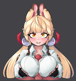 animal_ears big_breasts black_clothing black_gloves black_handwear blonde_hair blush bodily_fluids breasts brown_body brown_fur clothed_titfuck clothing dipstick_ears disembodied_penis ear_markings eyelashes female fingerless_gloves first_person_view fur genital_fluids genitals gloves grey_background hair handwear heterochromia looking_at_viewer male multicolored_ears orange_eyes penis precum simple_background solo tan_body tan_fur tan_skin topwear twintails_(hairstyle) white_clothing white_topwear yellow_eyes kurotodraw mihoyo zenless_zone_zero alice_thymefield animal_humanoid humanoid lagomorph lagomorph_humanoid leporid_humanoid mammal mammal_humanoid rabbit_humanoid thiren