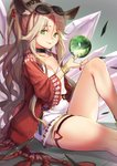 asian_clothing blonde_hair breasts clothing east_asian_clothing eyewear female green_eyes hair long_hair sitting smile solo sphere sunglasses mitake_eil arknights hypergryph studio_montagne gitano_(arknights) animal_humanoid humanoid 2020 hi_res