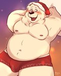 anthro belly blush bulge christmas_clothing christmas_headwear clothing hat headgear headwear holidays kemono male moobs navel nipples open_mouth overweight overweight_male santa_hat solo underwear naru_papi christmas bear mammal polar_bear ursine 2024 hi_res