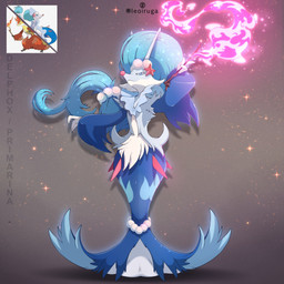 ambiguous_gender anthro blue_body blue_eyes blue_fur blue_hair eyelashes fur gem hair holding_object looking_at_viewer magic magic_user magic_wand pearl_(gem) simple_background solo starfish_(accessory) leoiruga nintendo pokemon asterozoan canid canine delphox echinoderm generation_6_pokemon generation_7_pokemon hybrid mammal marine pokemon_(species) primarina starfish 1:1 2024 hi_res reference_image signature